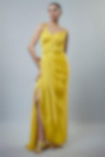 Yellow Satin Organza Draped Corset Gown by Emblaze at Pernia's Pop Up Shop