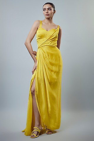 Yellow Satin Organza Draped Corset Gown by Emblaze