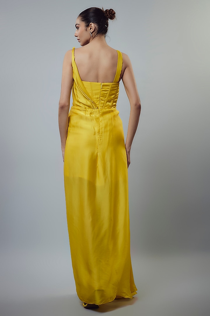 Yellow Satin Organza Draped Corset Gown by Emblaze at Pernia's Pop Up Shop