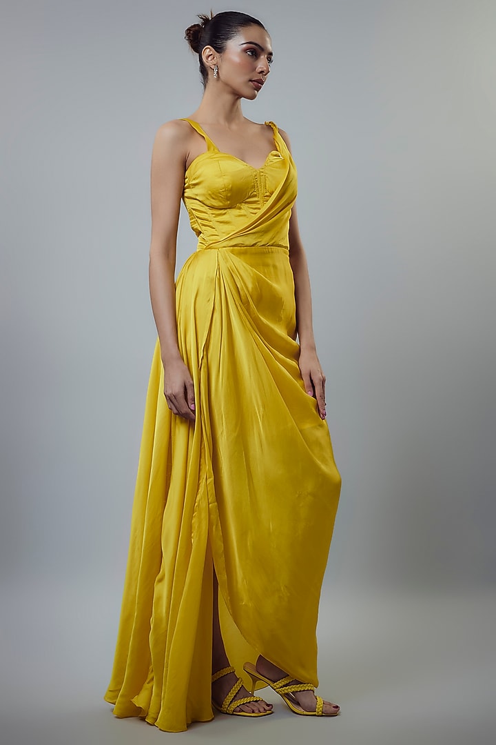 Yellow Satin Organza Draped Corset Gown by Emblaze at Pernia's Pop Up Shop