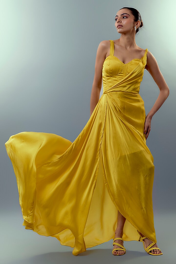 Yellow Satin Organza Draped Corset Gown by Emblaze at Pernia's Pop Up Shop