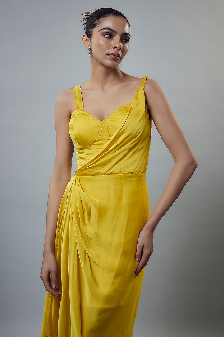 Yellow Satin Organza Draped Corset Gown by Emblaze at Pernia's Pop Up Shop