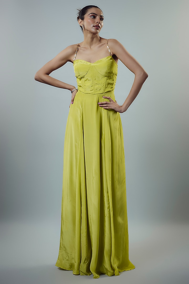 Neon Green Natural Crepe Embellished Corset Gown by Emblaze at Pernia's Pop Up Shop