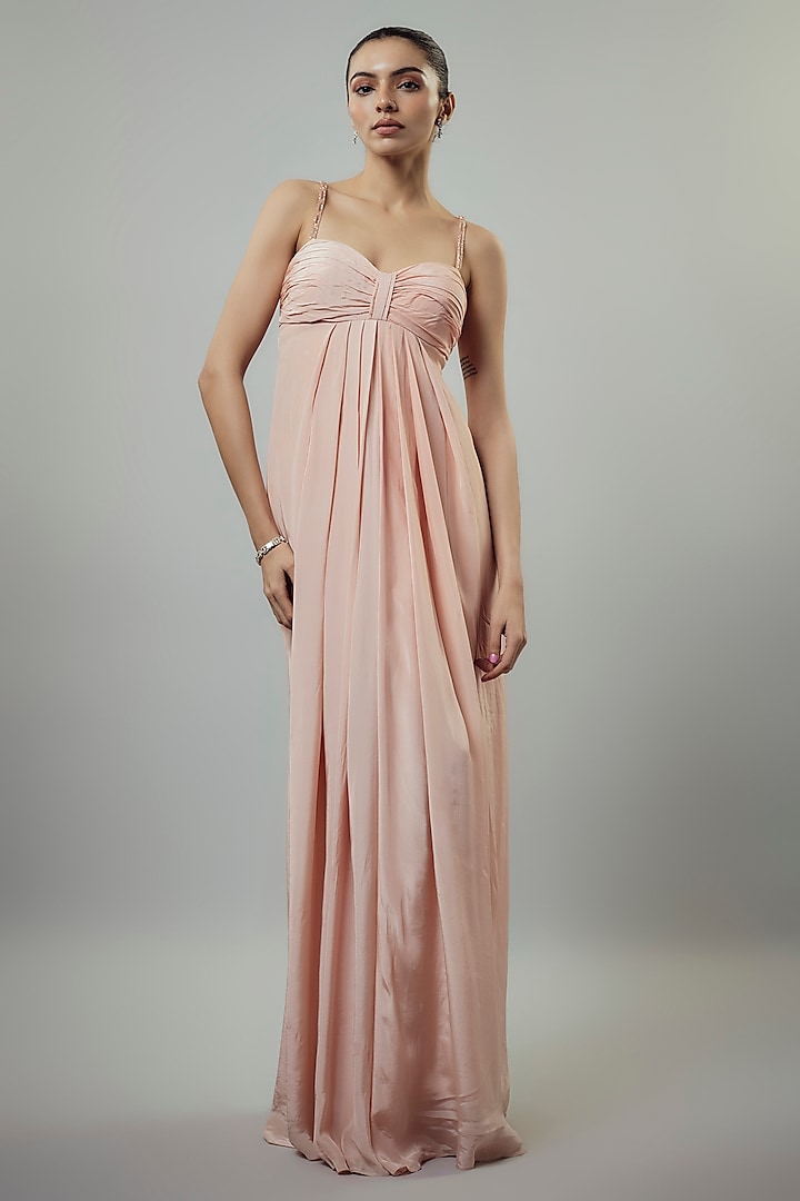 Peach Natural Crepe Embellished Draped Gown by Emblaze at Pernia's Pop Up Shop