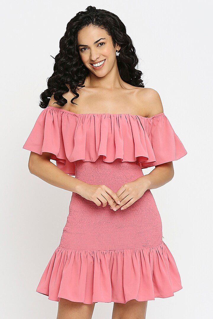 Pink Viscose Off-Shoulder Ruffled Summer Dress by Emblaze at Pernia's Pop Up Shop