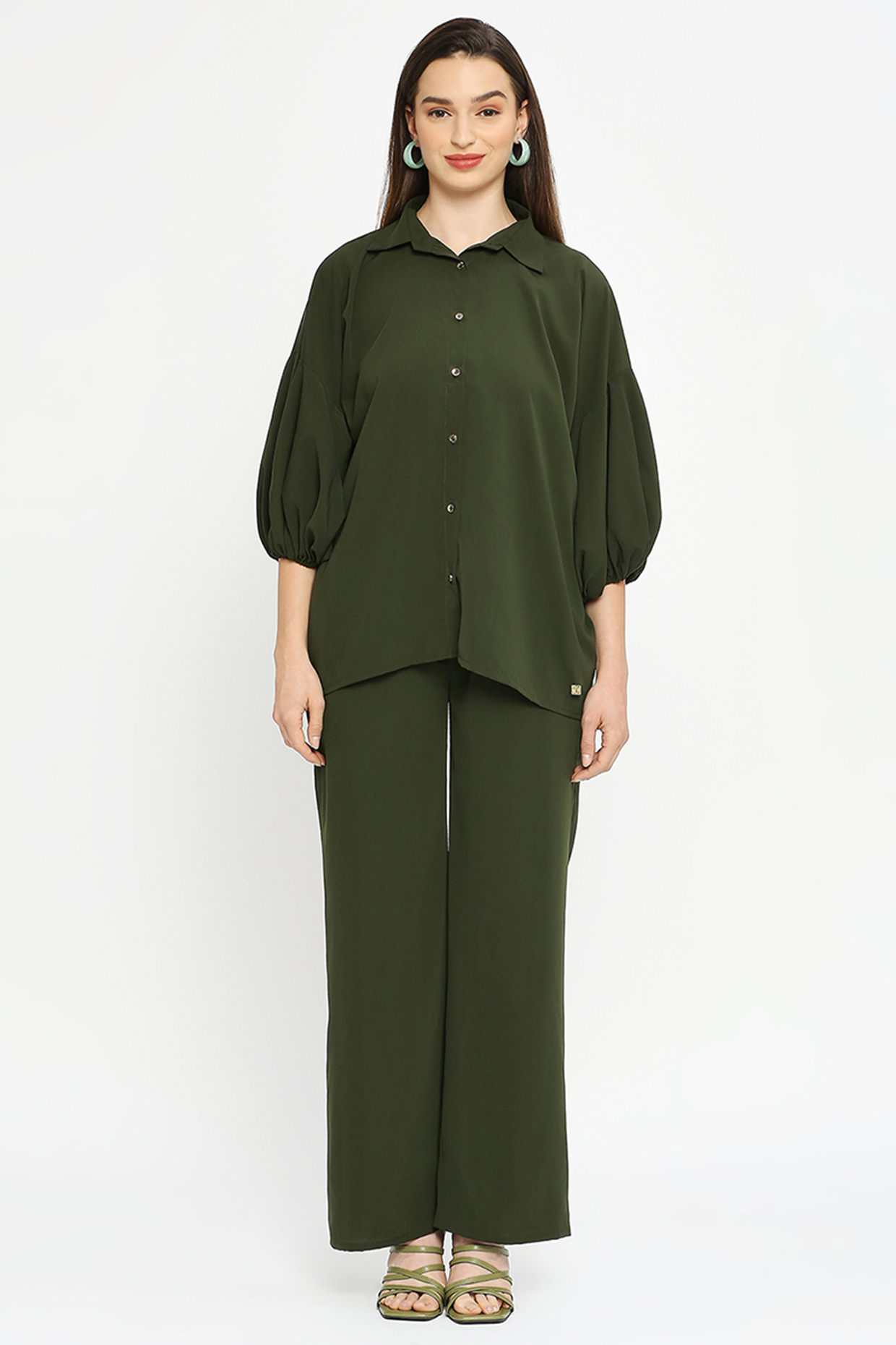 Olive Green Viscose Co-Ord Set by Emblaze at Pernia's Pop Up Shop