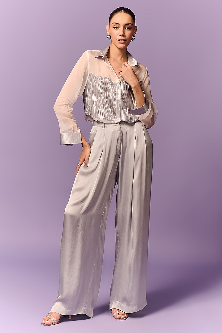 White & Silver Organza Pleated Co-Ord Set by Emblaze at Pernia's Pop Up Shop