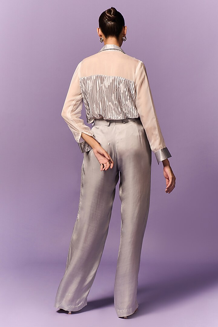 White & Silver Organza Pleated Co-Ord Set by Emblaze at Pernia's Pop Up Shop