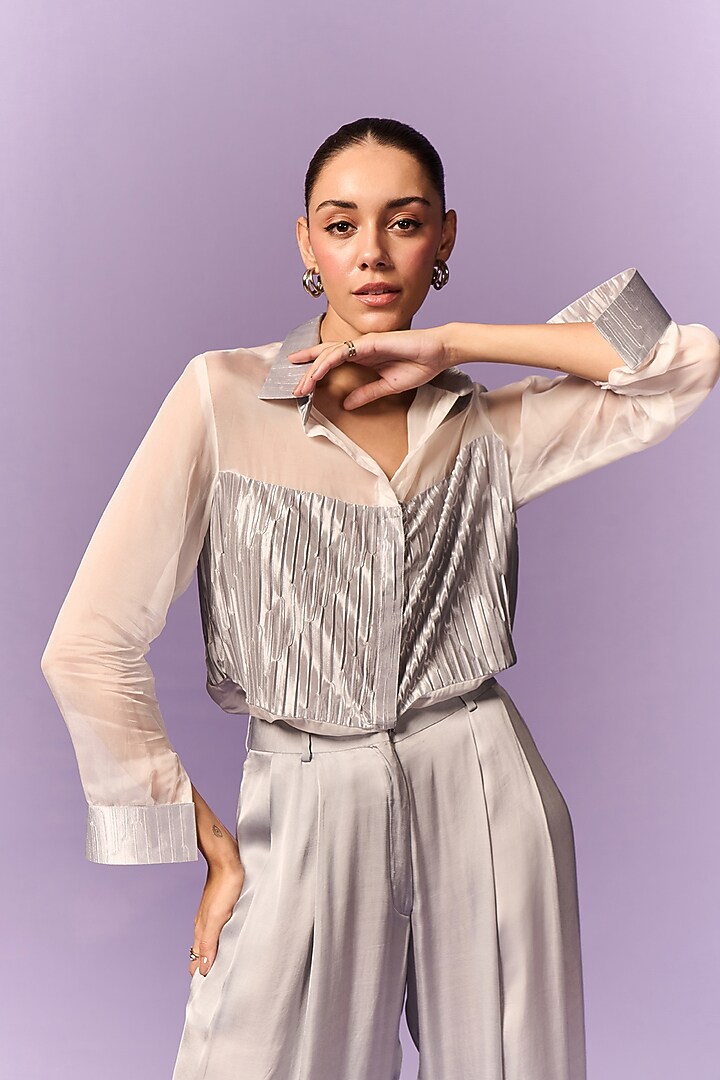 White & Silver Organza Pleated Co-Ord Set by Emblaze at Pernia's Pop Up Shop