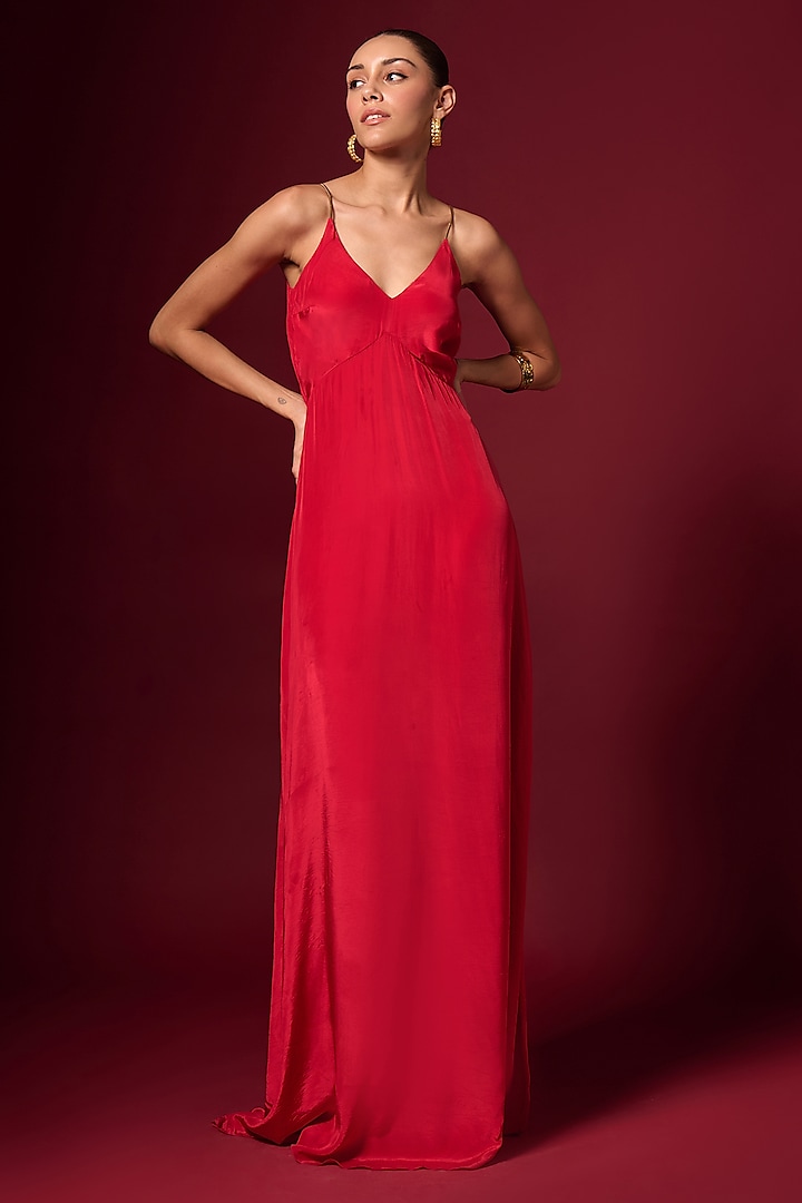 Red Crepe Embellished Maxi Dress by Emblaze at Pernia's Pop Up Shop