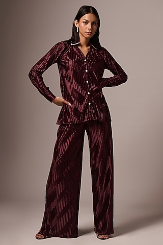 Wine Pleated Embellished Co-Ord Set by Emblaze