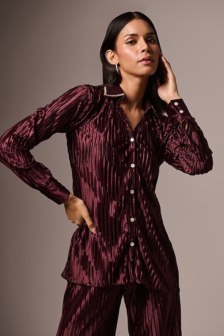 Wine Pleated Embellished Co-Ord Set by Emblaze at Pernia's Pop Up Shop