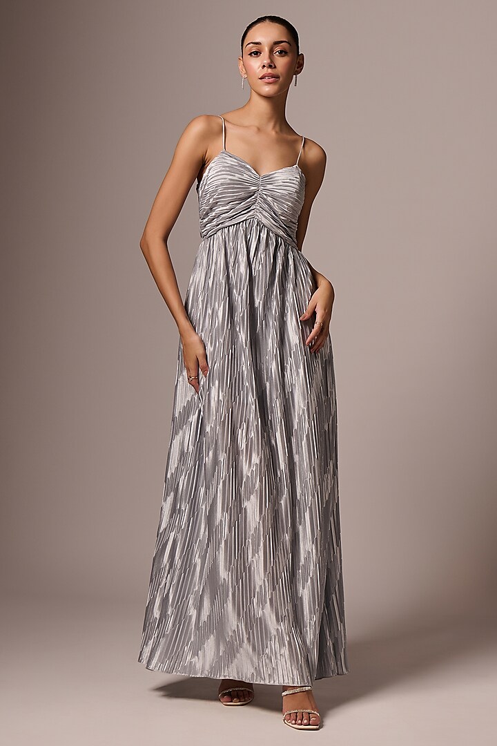 Silver Pleated Maxi Dress by Emblaze at Pernia's Pop Up Shop