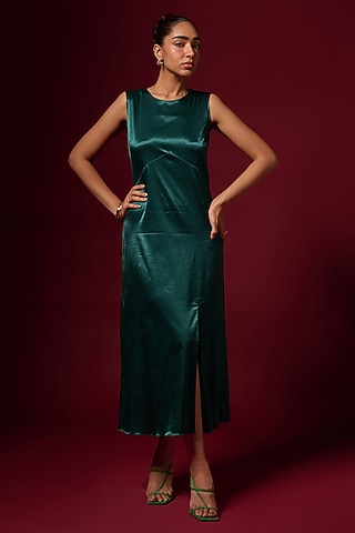 Teal Green Mashru Maxi Dress by Emblaze