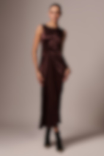 Brown Mashru Draped Maxi Dress by Emblaze at Pernia's Pop Up Shop