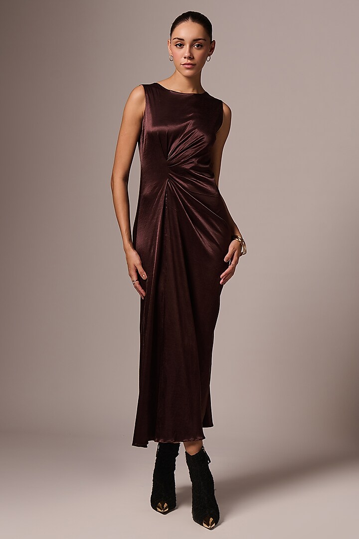 Brown Mashru Draped Maxi Dress by Emblaze at Pernia's Pop Up Shop