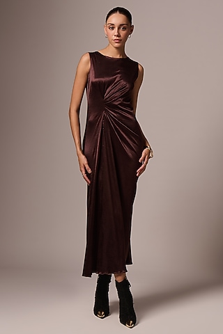 Brown Mashru Draped Maxi Dress by Emblaze