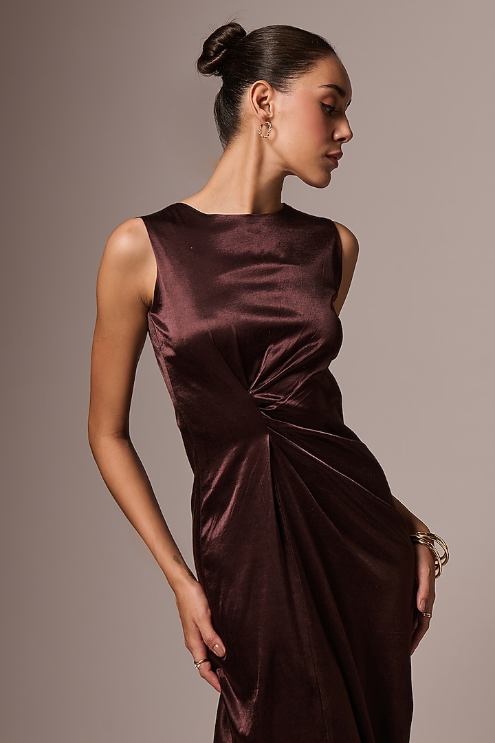 Brown Mashru Draped Maxi Summer Dress by Emblaze at Pernia's Pop Up Shop