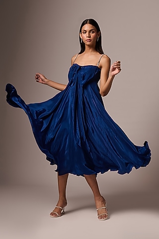 Blue Crepe Embellished Bow Midi Dress by Emblaze