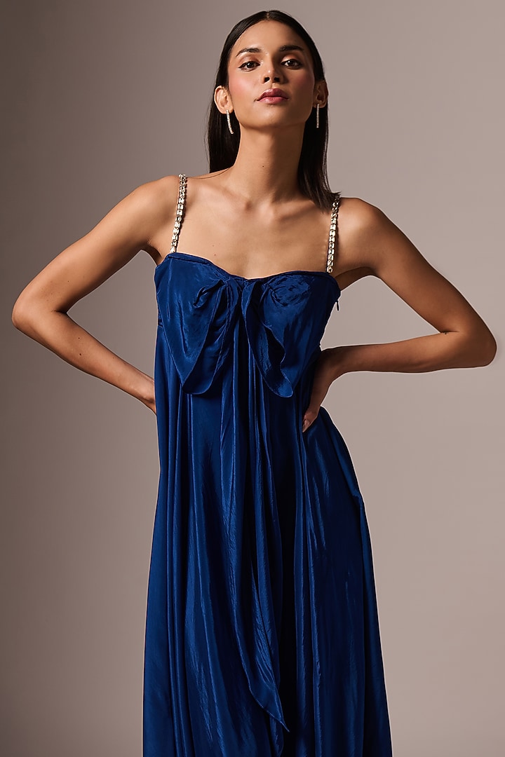 Blue Crepe Embellished Bow Midi Summer Dress by Emblaze at Pernia's Pop Up Shop