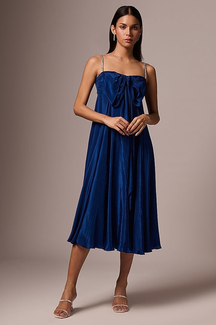 Blue Crepe Embellished Bow Midi Summer Dress by Emblaze at Pernia's Pop Up Shop