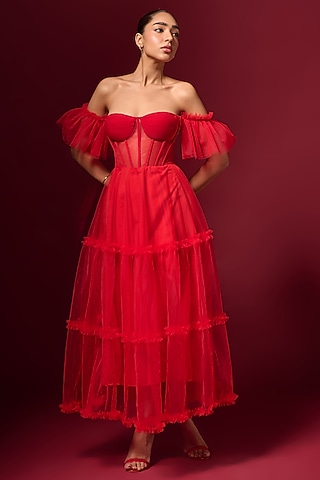 Red Tulle & Net Maxi Dress by Emblaze