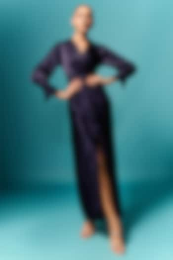 Navy Blue Mashru Draped Maxi Dress by Emblaze at Pernia's Pop Up Shop