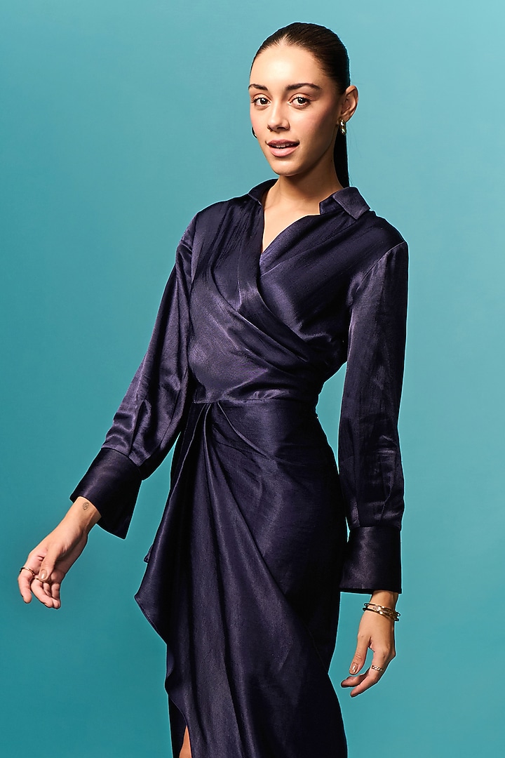 Navy Blue Mashru Draped Maxi Summer Dress by Emblaze at Pernia's Pop Up Shop