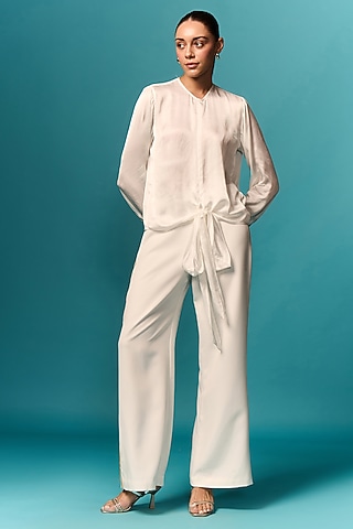 White Modal Satin Embellished Co-Ord Set by Emblaze