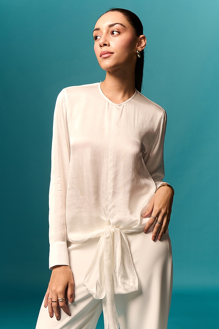 White Modal Satin Embellished Co-Ord Set by Emblaze at Pernia's Pop Up Shop