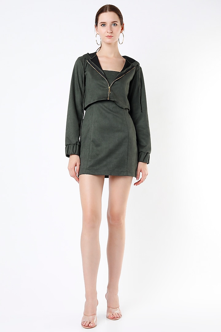 Olive Green Suede Dress With Jacket by Emblaze