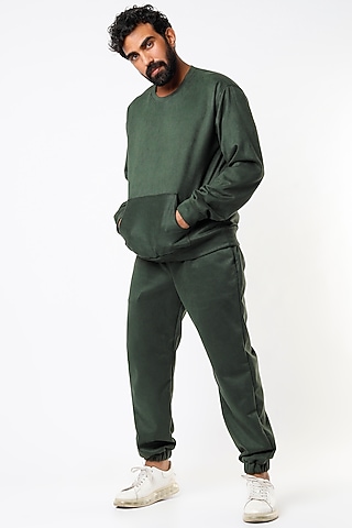 Olive Green Suede Jogger Set by Emblaze Men