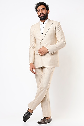 Beige Textured Blazer Set by Emblaze Men