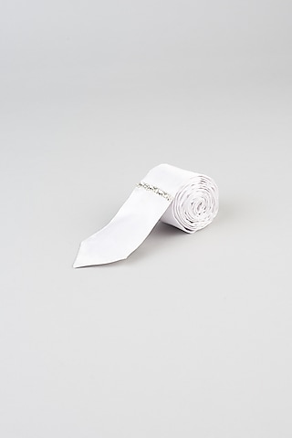 White Satin Embellished Tie by Emblaze Men
