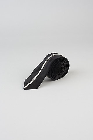 Black Embellished Tie In Velvet by Emblaze Men