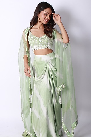 Mint Green Modal Satin Draped Skirt Set by Empress by Arefa