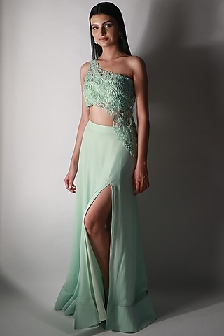 Mint Green Georgette Slit Skirt Set by Empress by Arefa