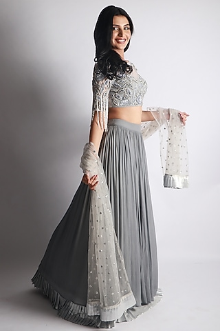 Grey Crepe Silk Lehenga Set by Empress by Arefa