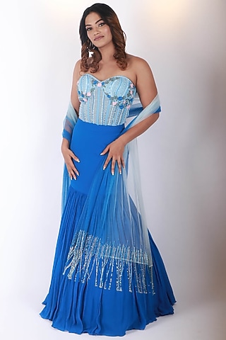 Blue Net & Georgette Gathered Fish-Cut Lehenga Set by Empress by Arefa