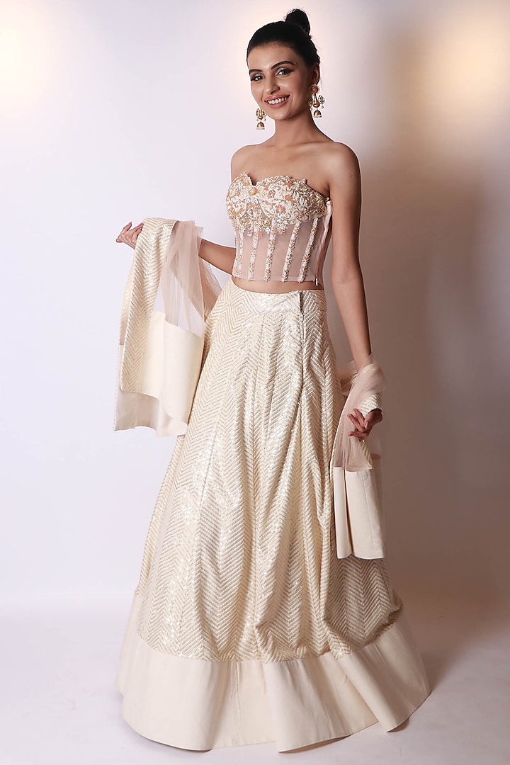 Cream Embroidered Lehenga Set by Empress by Arefa