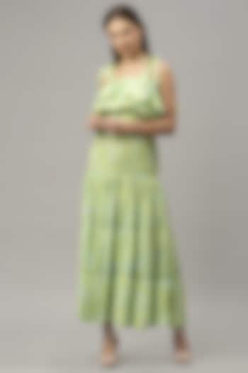 Green Sleeveless Ruffled Maxi Dress by Emblaze