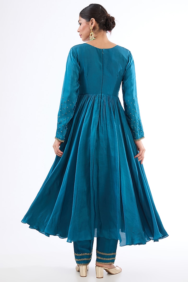Peacock Blue Uppada Silk Pearl & Cutdana Embroidered Wedding Anarkali Set by EnamourByRadha at Pernia's Pop Up Shop