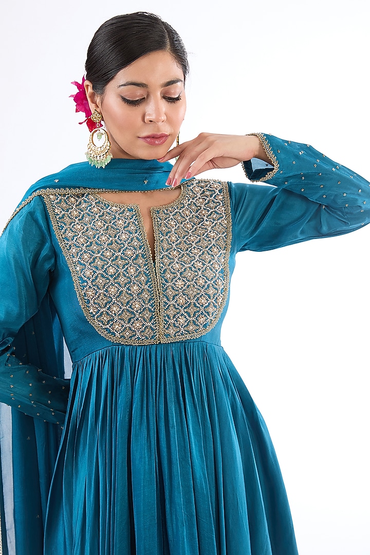Peacock Blue Uppada Silk Pearl & Cutdana Embroidered Wedding Anarkali Set by EnamourByRadha at Pernia's Pop Up Shop
