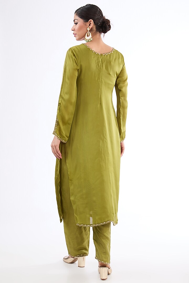 Pista Green Bemberg Satin Aari Embroidered Kurta Set by EnamourByRadha at Pernia's Pop Up Shop