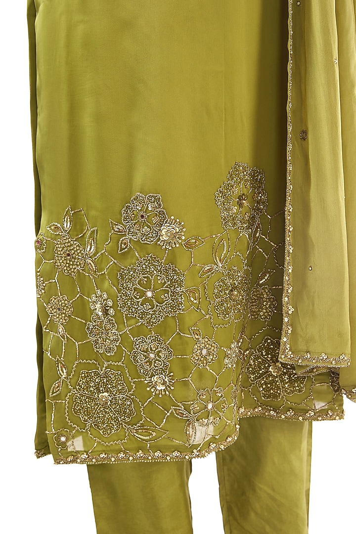 Pista Green Bemberg Satin Aari Embroidered Kurta Set by EnamourByRadha at Pernia's Pop Up Shop