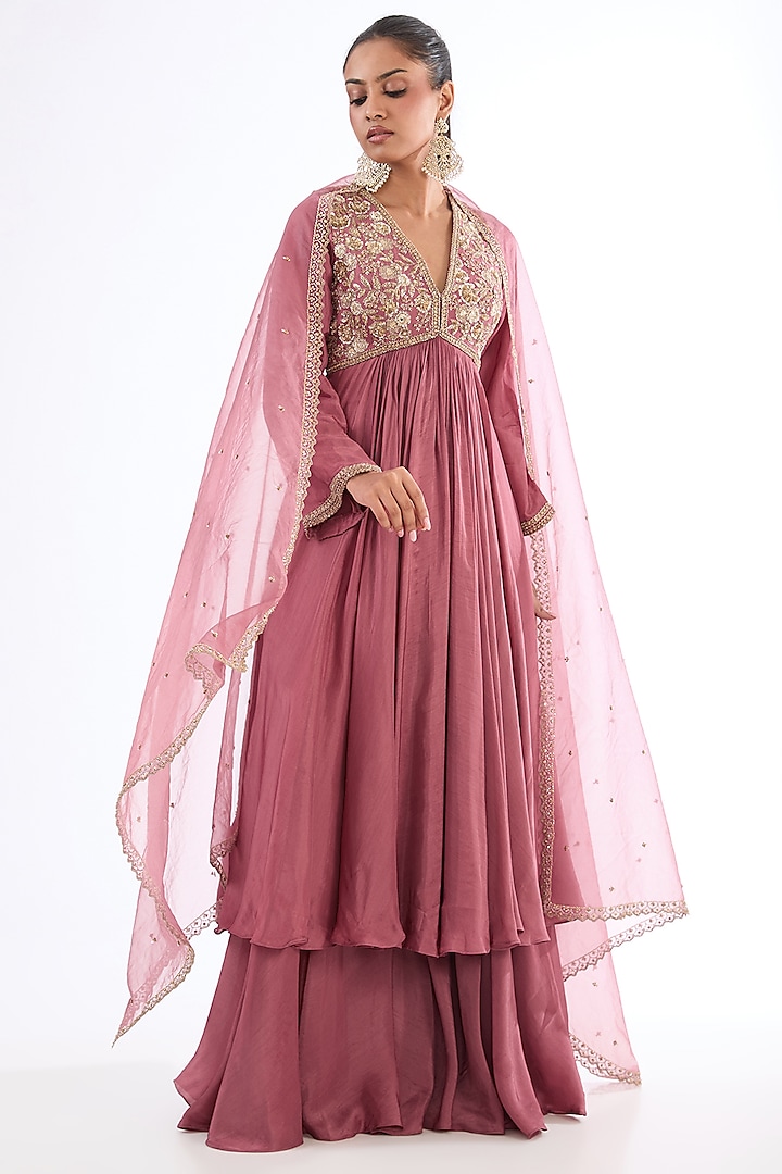 Pink Uppada Silk Zardosi & Sequins Embroidered Anarkali Set by EnamourByRadha