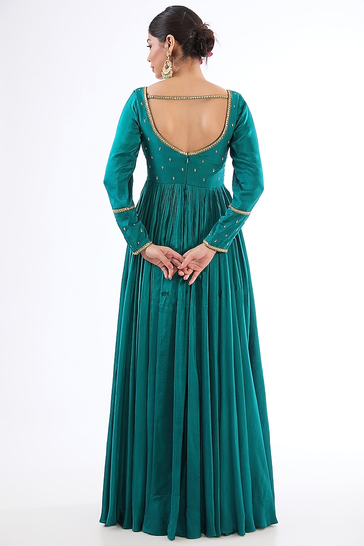Peacock Blue Uppada Silk Zardosi Embroidered Wedding Anarkali Set by EnamourByRadha at Pernia's Pop Up Shop