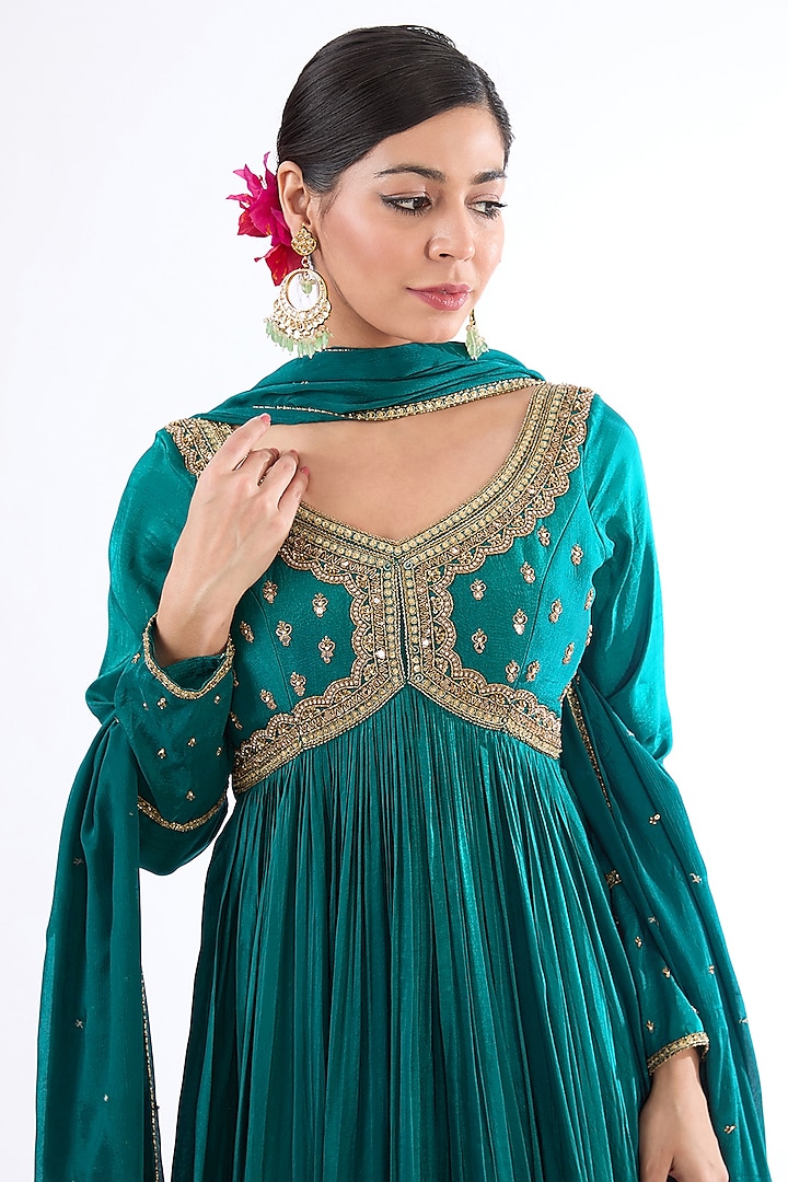 Peacock Blue Uppada Silk Zardosi Embroidered Wedding Anarkali Set by EnamourByRadha at Pernia's Pop Up Shop