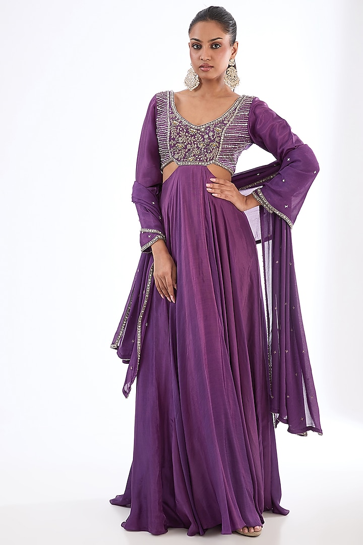 Purple Uppada Silk Aari Embroidered Anarkali Set by EnamourByRadha