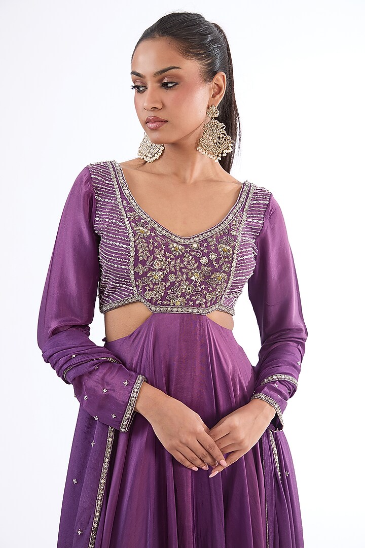 Purple Uppada Silk Aari Embroidered Wedding Anarkali Set by EnamourByRadha at Pernia's Pop Up Shop